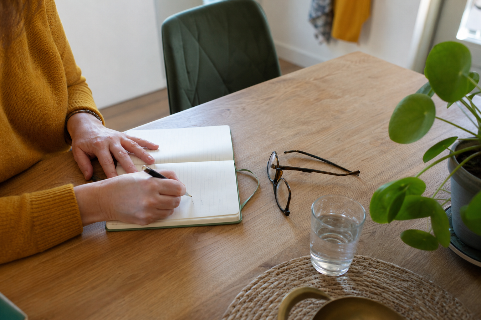 Handen schrijven aandachtspunten in een notitieboek aan de keukentafel